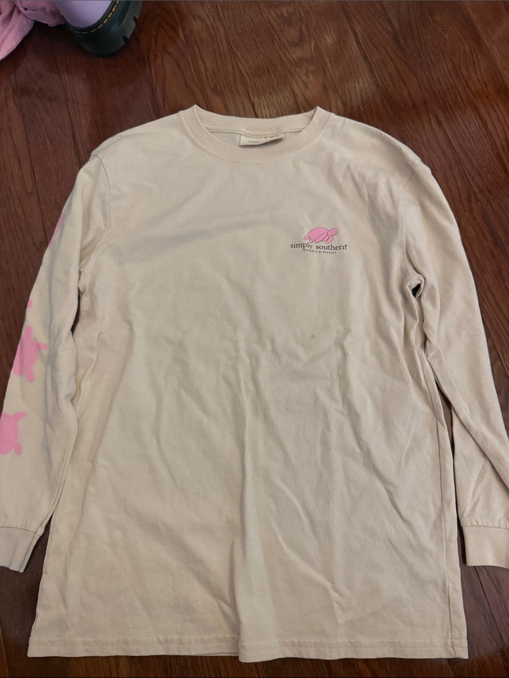 Simply Southern Cream Long Sleeve Tee with Pink Logo & Sleeve Accents